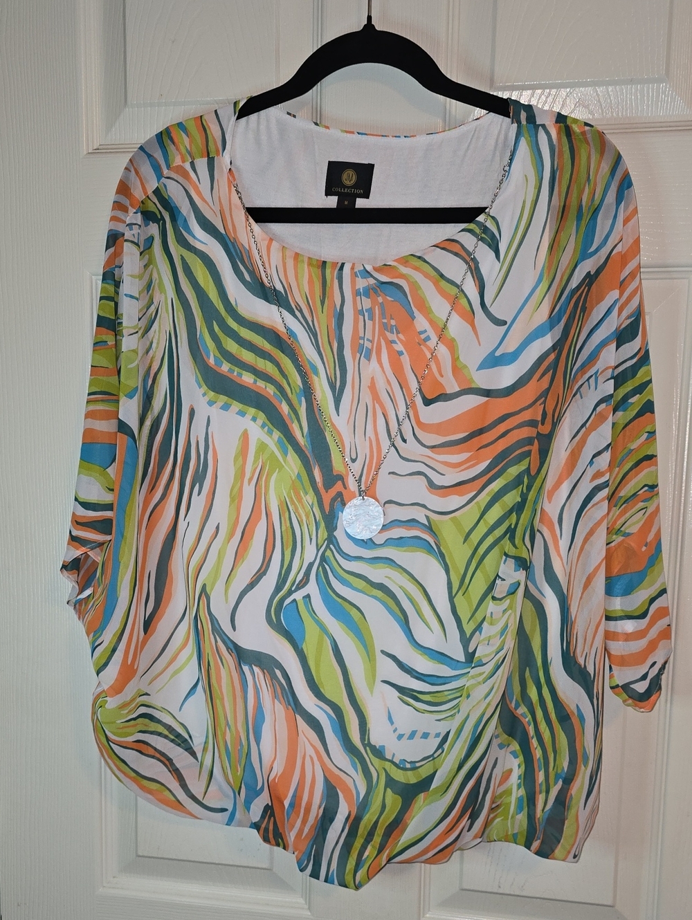 Multicolor Wave-Print Scoop Neck Blouse in Blue, Green, Orange, Cream
